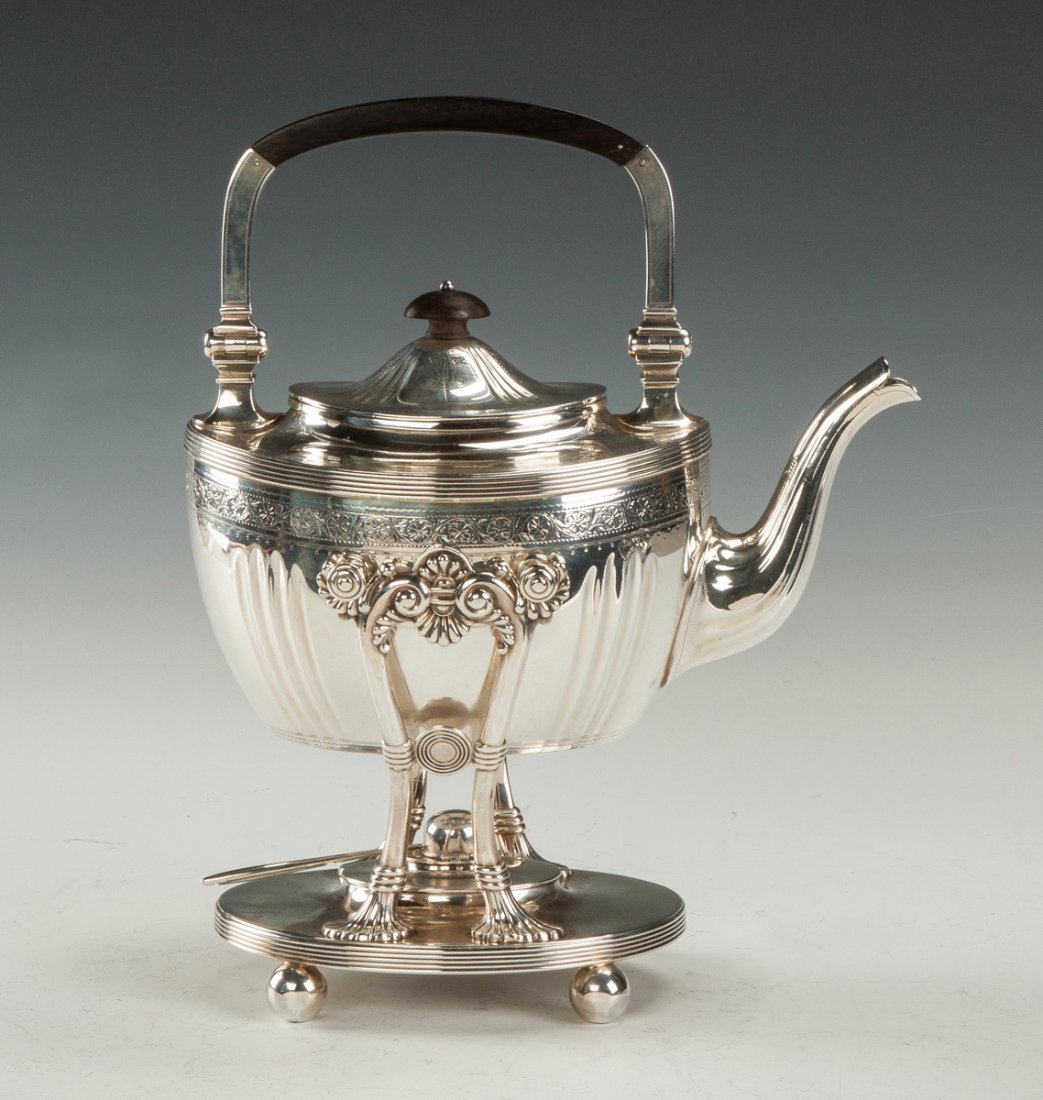 Theodore Starr Sterling Silver Kettle on Stand: Theodore Starr Sterling Silver Kettle on Stand. Reeding & hand chased work. 52 ozt. Ht. 12".