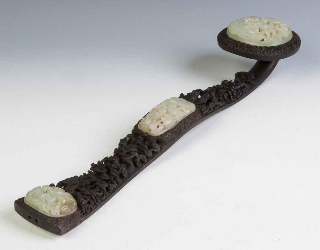 Early Chinese Carved Jade & Zitan Wood Scepter: Early Chinese Carved Jade & Zitan Wood Scepter. Handle is carved with dragons; jade has birds & fruit. L 19" Max. W 4 1/2". Given to the ambassador of Panama. Descended in the Knox Family, East Aurora