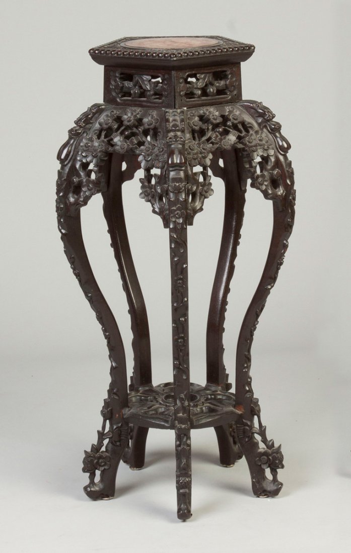 Chinese Carved Hardwood Stand: Chinese Carved Hardwood Stand. C. 1900. With soapstone top. Ht. 32" Max. W 16". A Private Estate, Buffalo, NY.