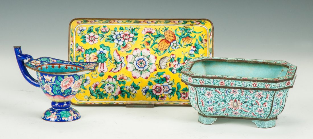 Chinese Enamel on Copper Table Articles: Chinese Enamel on Copper Table Articles. Tray: 8" x 5".