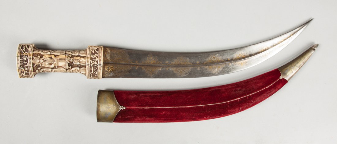 Persian Mughal Dagger: Persian Mughal Dagger. Carved figural handle, inlaid blade. Blade L 15" Overall L 21".