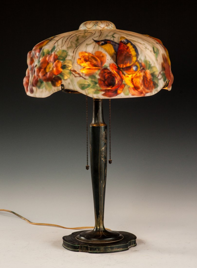 Closed Top Pairpoint Puffy Lamp with Rose & Butterfly: Closed Top Pairpoint Puffy Lamp with Rose & Butterfly. Shade stamped The Pairpoint Corp., exc. Base sgn. Pairpoint Mfg., original patina, some wear. Ht. 22" Shade Dia. 14". A Private Collection.