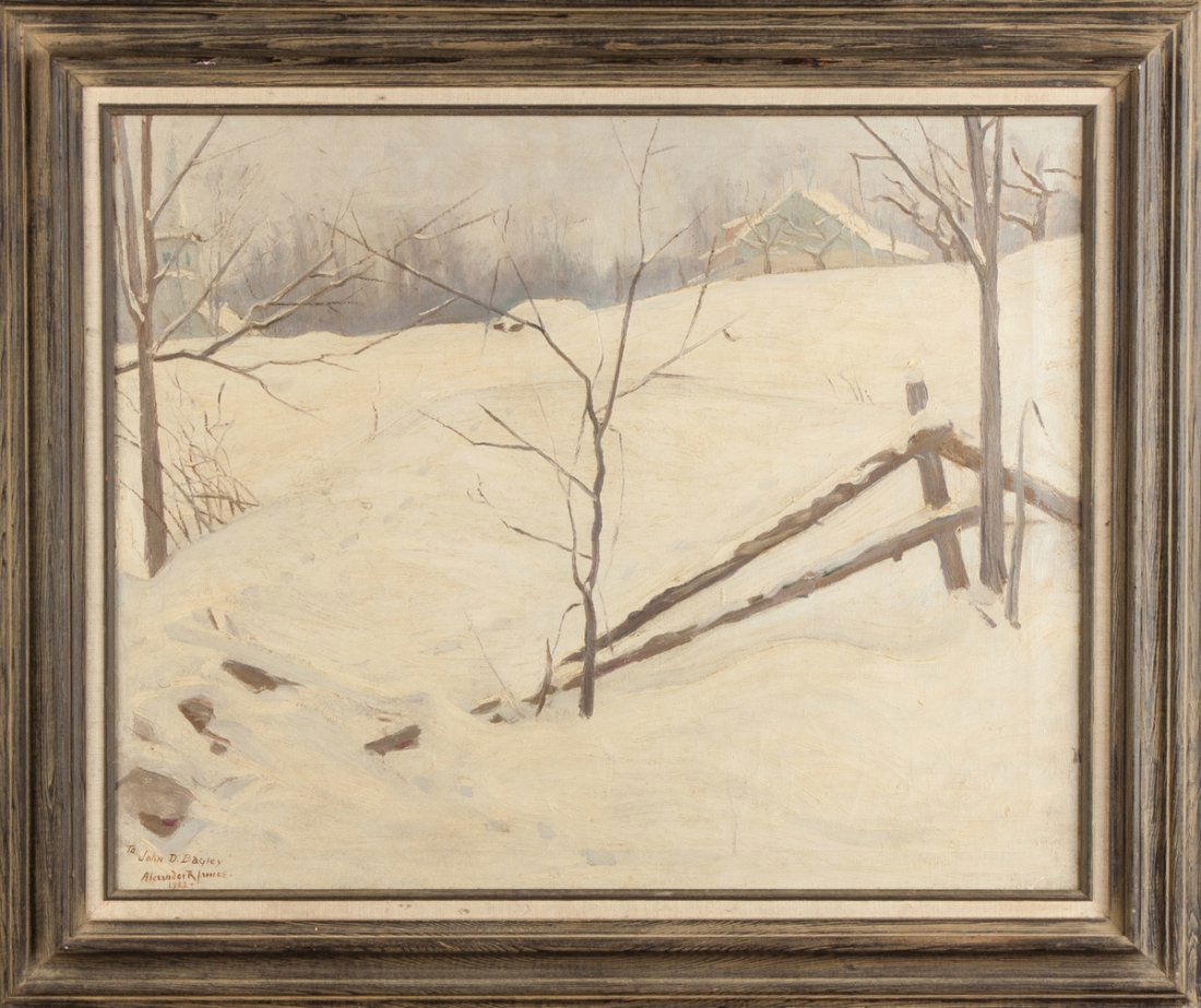 Alexander Robertson James (American, 1890-1946) Winter: Alexander Robertson James (American, 1890-1946) Winter landscape. Sgn. Lower left, "To John D. Bagley, Alexander R. James, 1922." Oil on canvas. 24" x 30".