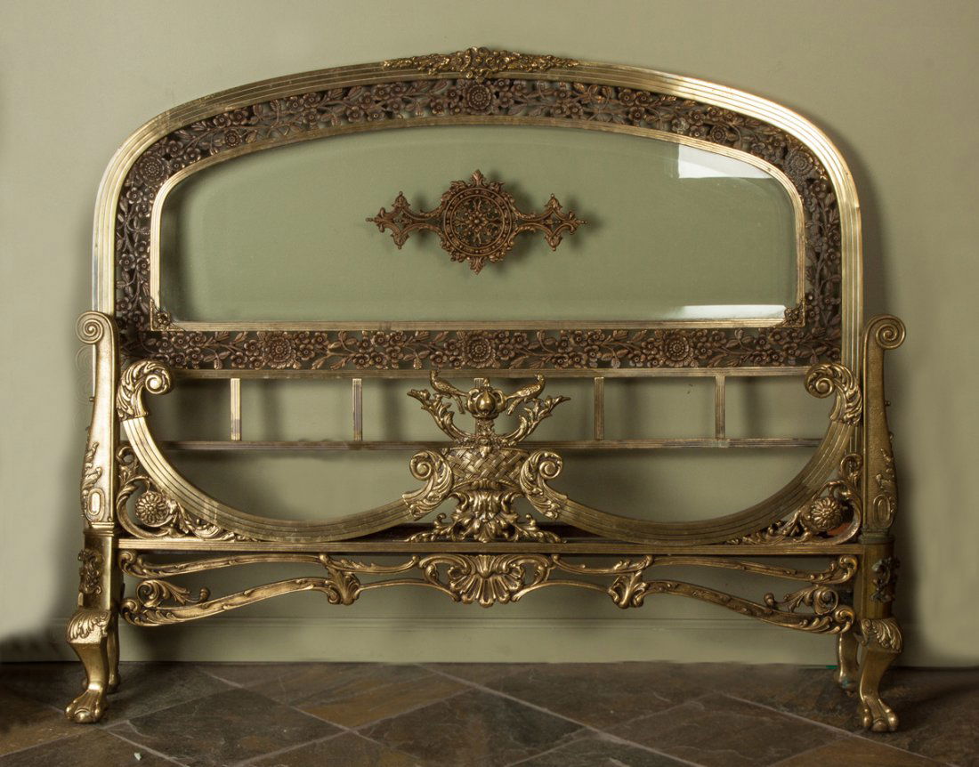 Brass Bed, Tiffany & Co.: Brass Bed, Tiffany & Co.. Decorated with flowers & birds; claw feet. Beveled glass headboard. Ht. 45 1/2" W 56"; Mattress W 54".
