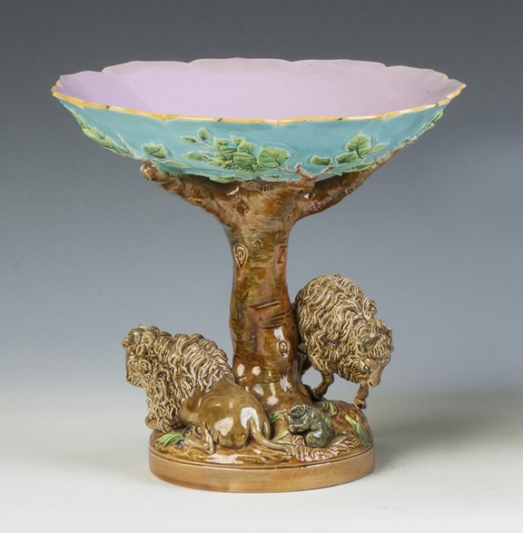 English Majolica Compote: English Majolica Compote. 19th cent. With tree like base, buffalo & beaver. Ht. 10" Dia. 10 1/2". A Private Collection.