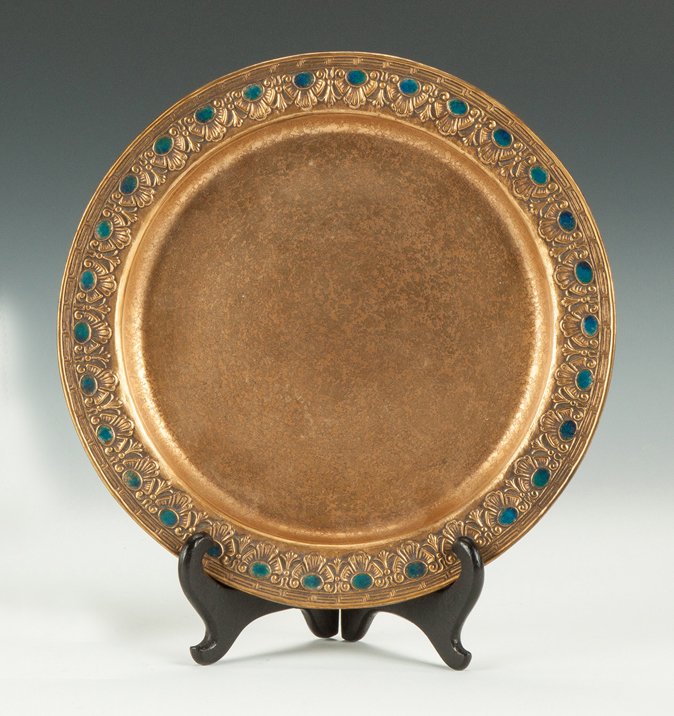 Tiffany Studios Gold Dore & Enameled Plate: Tiffany Studios Gold Dore & Enameled Plate . Sgn. Louis C. Tiffany Furnaces, 317. Dia. 10". Richard Bright and Kyle Goodman Collection, Corning, NY.