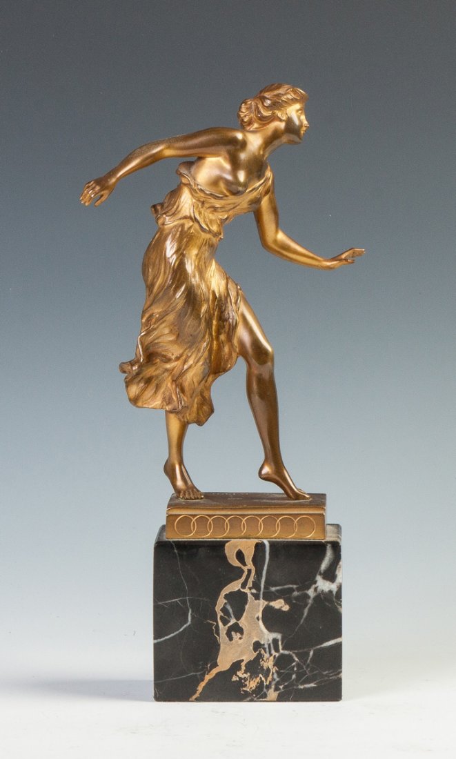 Georges Morin (German, 1874-1928) Art Deco Gilt Bronze: Georges Morin (German, 1874-1928) Art Deco Gilt Bronze Dancer with Marble Base. Sgn. G. Morin. Ht. 14" Max. W 4". Richard Bright and Kyle Goodman Collection, Corning, NY.