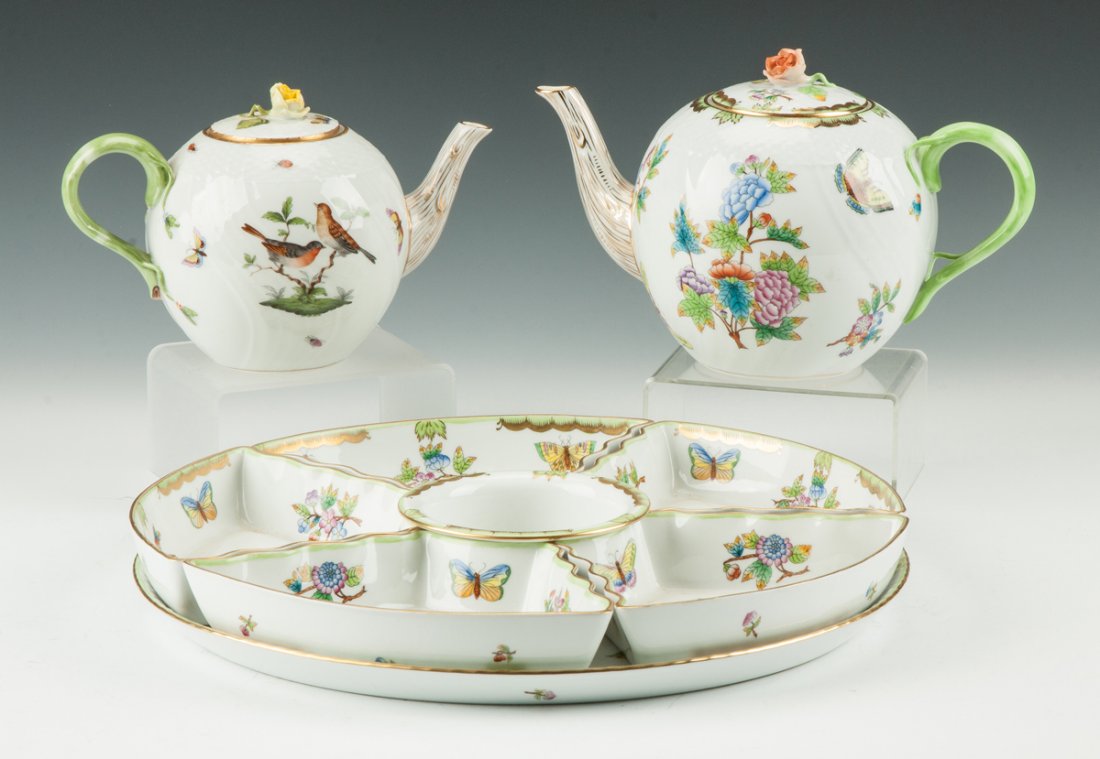 Herend Hand Painted Porcelain Two Teapots & Lazy Susan