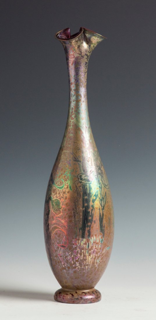 Clement Massier Trefoil Rim Vase: Clement Massier Trefoil Rim Vase. Early 20th cent. With iris decoration. Ht. 20".