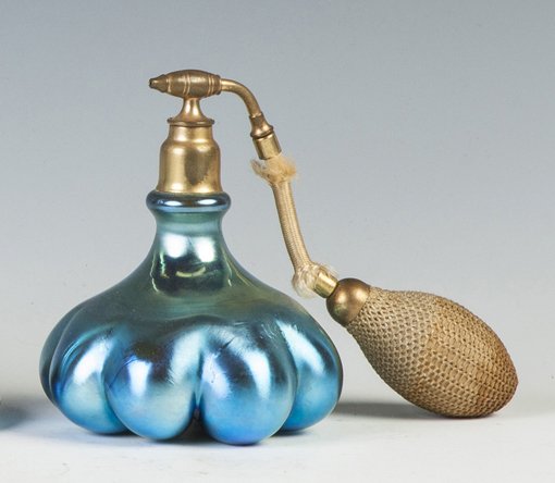 Steuben Blue Aurene Lobed Atomizer: Steuben Blue Aurene Lobed Atomizer. Early 20th cent. Ht. 4 1/2". Richard Bright and Kyle Goodman Collection, Corning, NY.