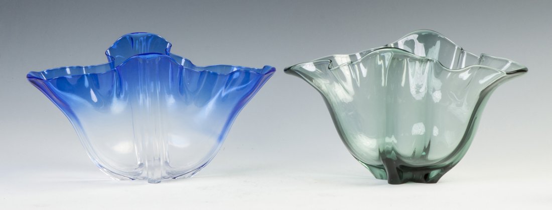 Two Steuben Grotesque Bowls: Two Steuben Grotesque Bowls. Early 20th cent. Max. Ht. 7" Max. W 12". Richard Bright and Kyle Goodman Collection, Corning, NY.