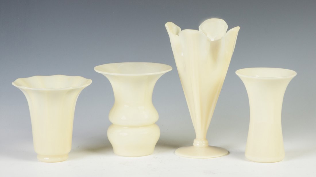 Four Steuben Ivory Vases: Four Steuben Ivory Vases. Early 20th cent. Ht. 9". Richard Bright and Kyle Goodman Collection, Corning, NY.