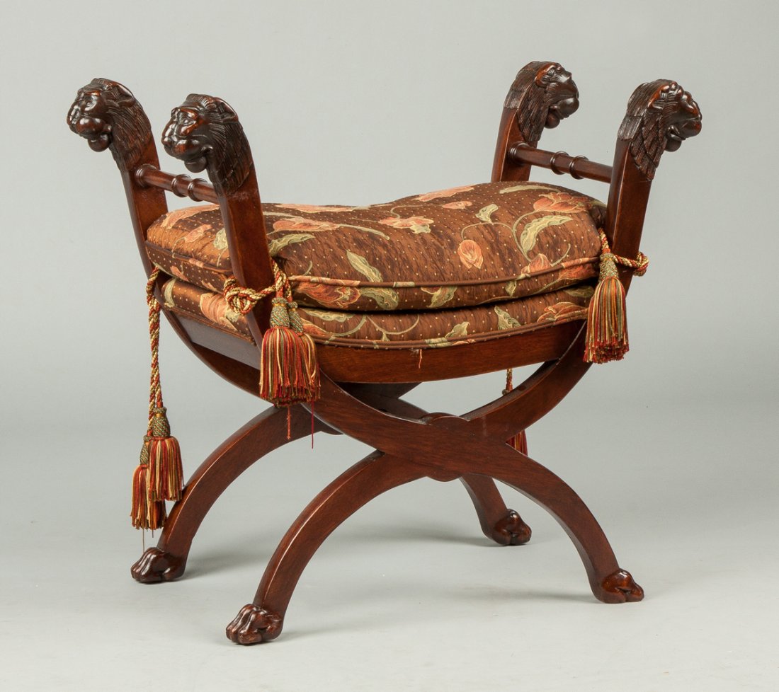 Carved Mahogany Window Seat: Carved Mahogany Window Seat . With lions heads & paw feet. Ht. 26" W 28" D 16". A Cazenovia, NY Estate.