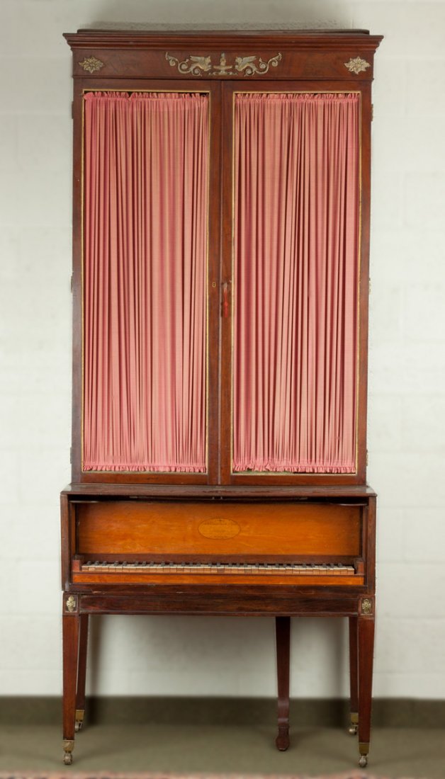 John Broadwood & Son, London, Early Upright Cabinet: John Broadwood & Son, London, Early Upright Cabinet Piano. Mahogany & satinwood with gilt bronze mounts. Ht. 8' 2" W 42 1/2" D 22 12/". A Cazenovia, NY Estate.