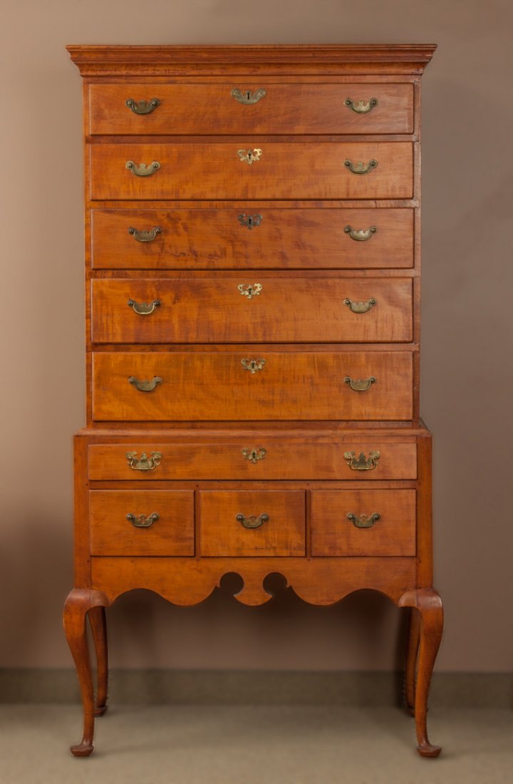 Figured Maple Highboy: Figured Maple Highboy. 18th cent. Ht. 6' 2" W 37" D 19". Ex. Collection of Walter Vogel, Rochester, NY.