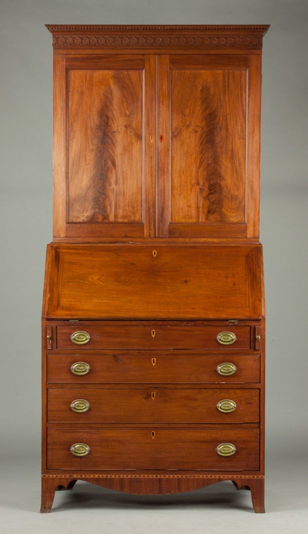 PA Hepplewhite Two Piece Secretary: PA Hepplewhite Two Piece Secretary. C. 1790-1800. Inlaid mahogany, poplar & pine secondary woods; dovetailed case; French feet; dental molding. Period brasses with sheaves of wheat. Ht. 7' 1" Max. W 3