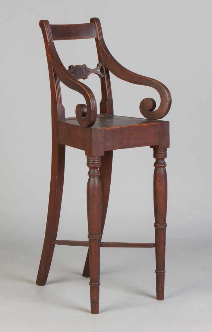 Sheraton, PA, Youth Chair: Sheraton, PA, Youth Chair. Early 19th cent. Walnut; scroll & reeded arms; turned legs, stretcher base. Ht. 36" W 13" D 11". Ex. Collection of Walter Vogel, Rochester, NY.