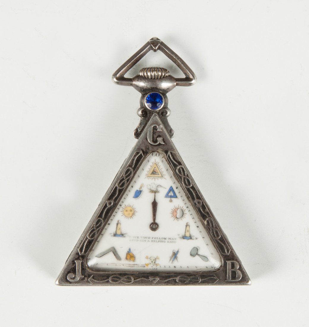 Tempor Watch Co. Brevet #25265 Masonic Silver Pocket: Tempor Watch Co. Brevet #25265 Masonic Silver Pocket Watch. Enameled dial with masonic emblems & quote ". 15 jewel. Ht. 2 5/8" W 2" A Private Collection.