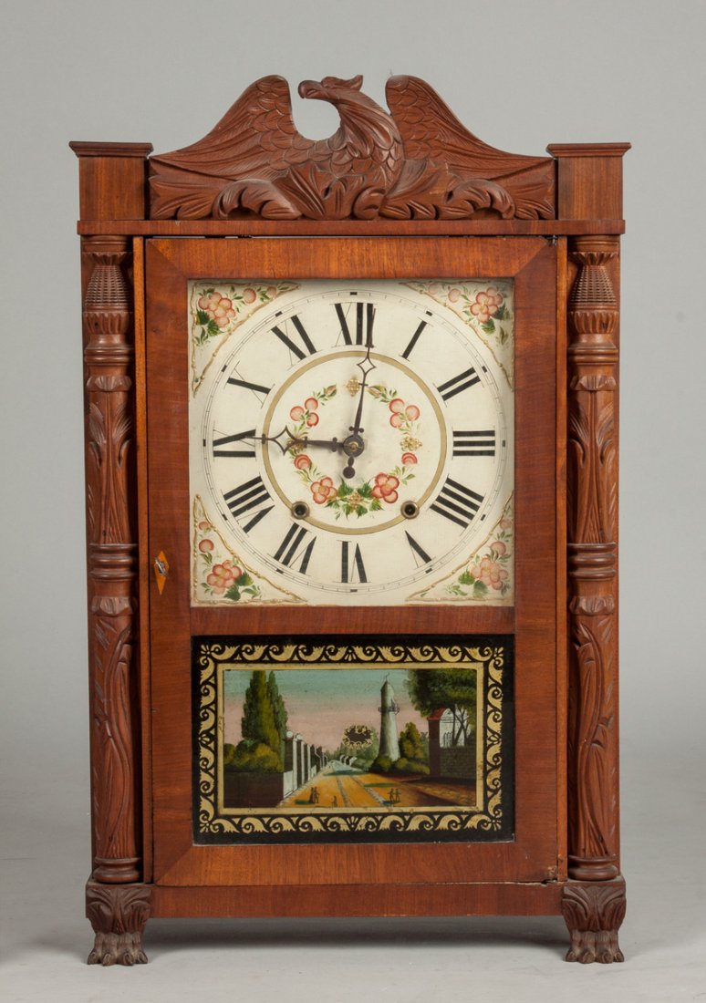 Unusual Asaph Hall Shelf Clock: Unusual Asaph Hall Shelf Clock. Mahogany case; eagle splat, applied carved columns & paw feet; old patina. Original painted wood dial. Original reverse painted tablet. 30 hour time & strike weight dri