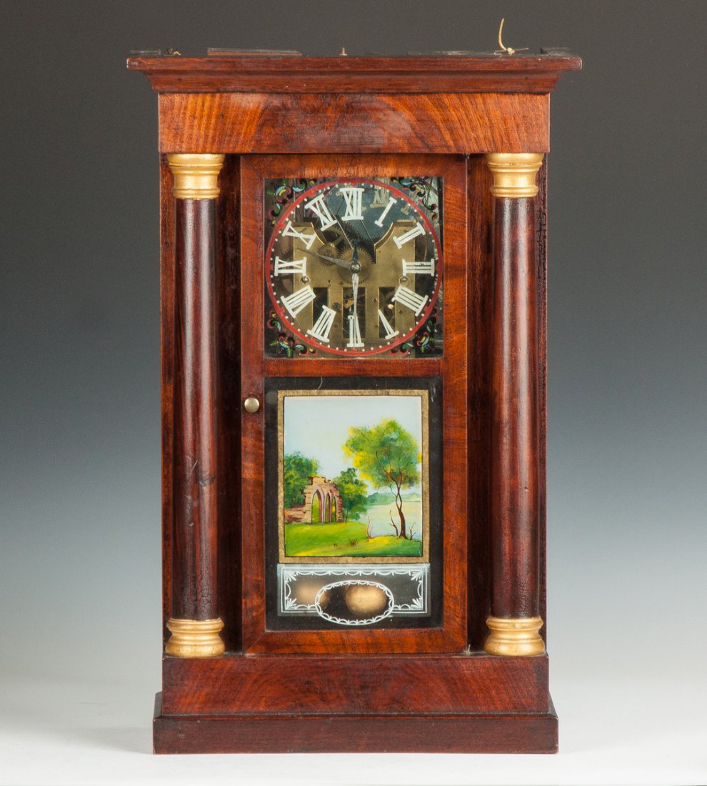 Crane's Patent Mfg. by J.R. Mills & Co., Rotary Ball: Crane's Patent Mfg. by J.R. Mills & Co., Rotary Ball Clock. Mahogany & grained rosewood case; rosewood columns; old finish. Replaced painted glass dial. Old reverse painted glass. Label. 8 day time &