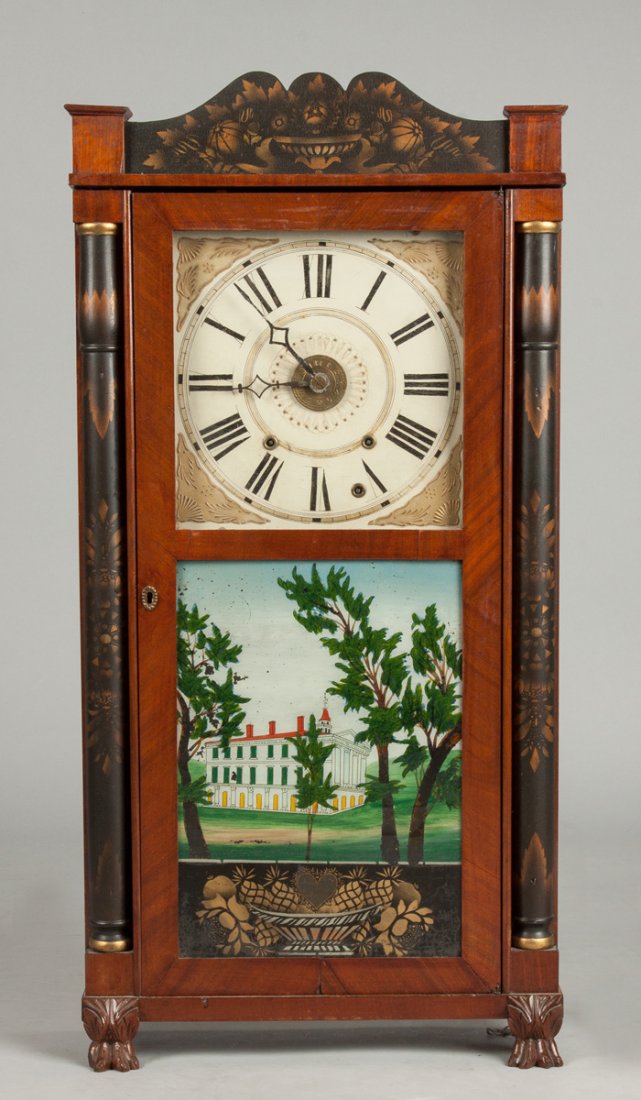Seth Thomas Shelf Clock: Seth Thomas Shelf Clock. Mahogany case. Original stenciled columns & splat, paw feet, one side return missing. Original painted wood dial. Original reverse painted tablet. 30 hour time, strike & alarm