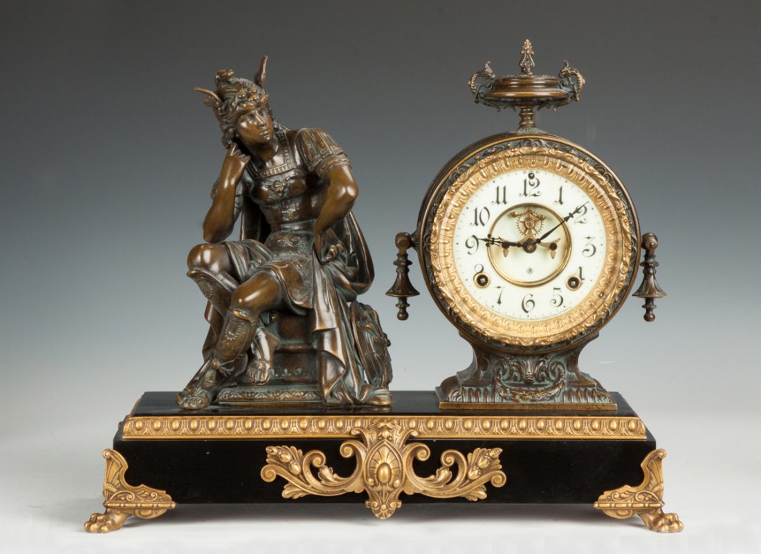 Ansonia "Mercury" Shelf Clock,: Ansonia "Mercury" Shelf Clock, . 19th cent. Patinaed metal case. Porcelain dial. Outside escapement. 8 day time & strike movement. Ht. 14" The Dr. Richard & Jill Pope Collection.