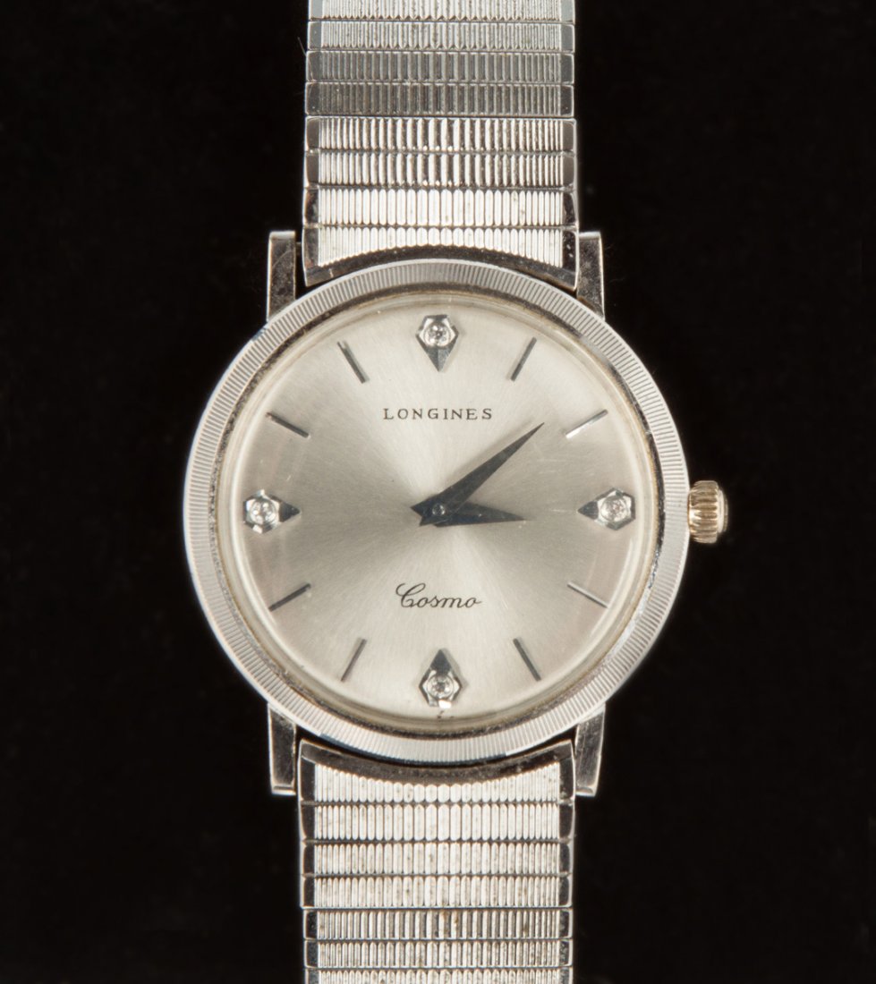 Vintage Swiss Longines 14K Gold & Diamond Watch, Cosmo: Vintage Swiss Longines 14K Gold & Diamond Watch, Cosmo. Stainless band. Dial Dia. 1 1/4"