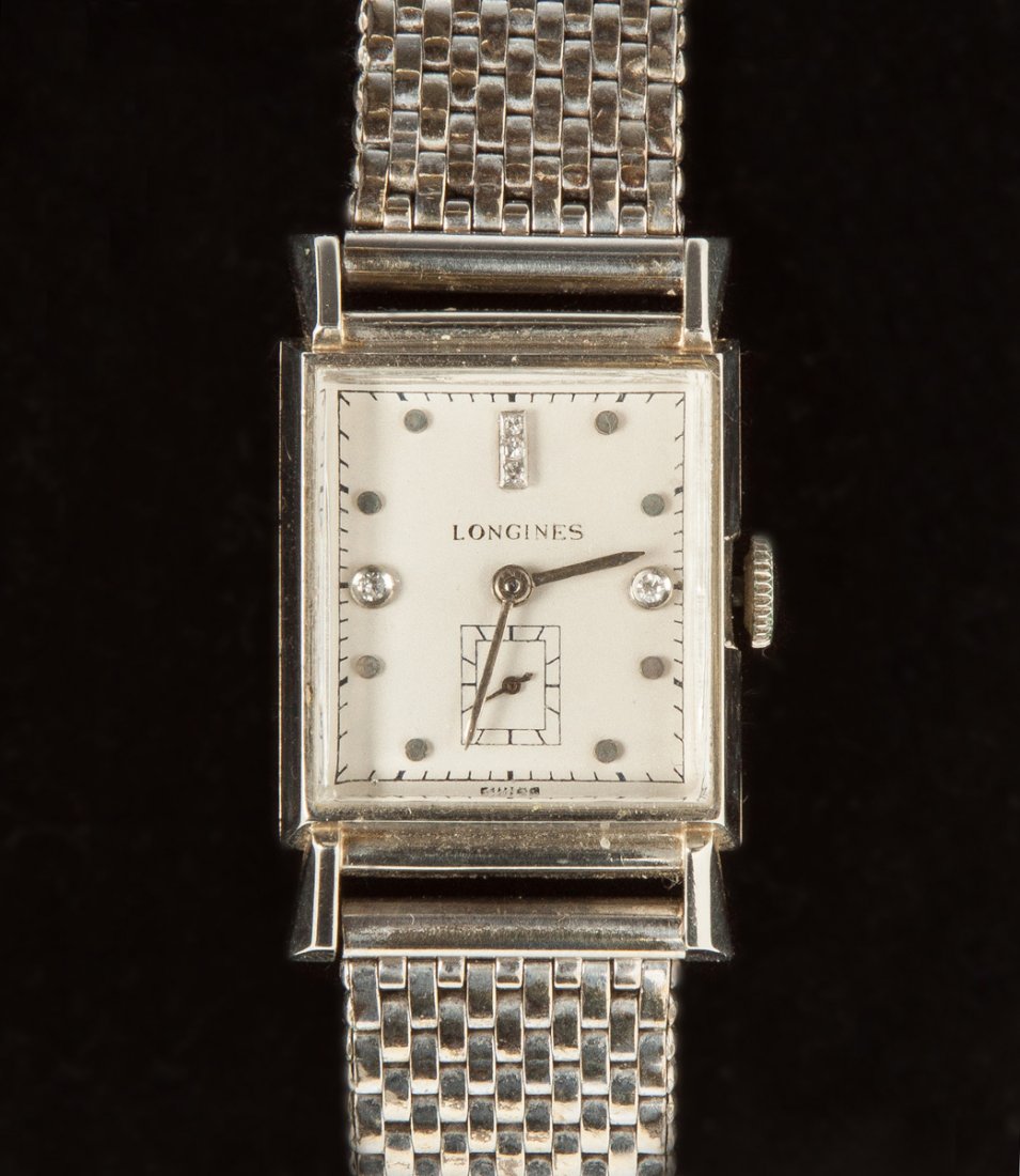 Vintage Swiss Longines 14K Gold & Diamond Watch: Vintage Swiss Longines 14K Gold & Diamond Watch. Overall L 7", Dial 1 3/8" x 7/8"