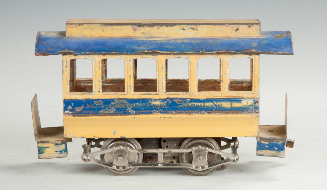 Lionel Electric Rapid Transit #1 Trolley Car: Lionel Electric Rapid Transit #1 Trolley Car. Painted tin. Electric. Ht. 6" L 10" The Dr. Richard & Jill Pope Collection.
