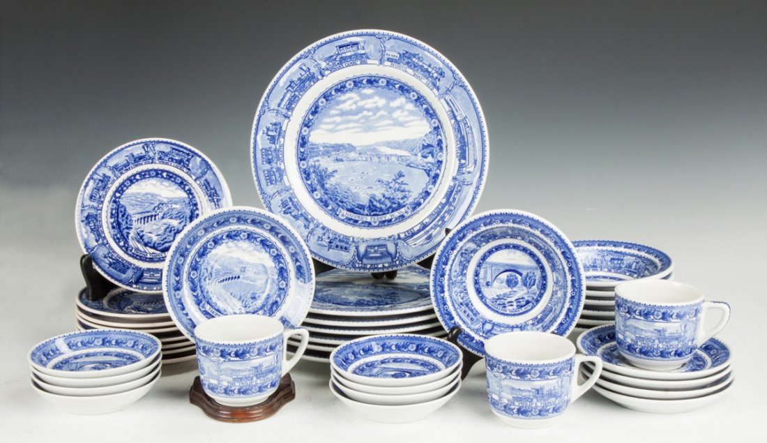 B & O Railroad Centenary China: B & O Railroad Centenary China. 7 dinner plates, Shenago "Harper's Ferry", W. VA, Dia. 10 1/2". 8 bread plates, Lamberton, Thomas Viaduct, 1835. 3 teacups, Shenago. 5 saucers, Shenago, Thomas Viaduct,