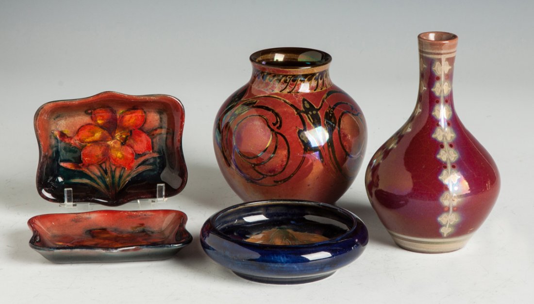 Five Moorcroft & Pilkington Pieces: Five Moorcroft & Pilkington Pieces. Two Moorcroft flambé pin trays with tiger lilies, sgn. Moorcroft Pomegranate pattern bowl, sgn. Two Pilkington vases, both signed. Max. Ht. 6"