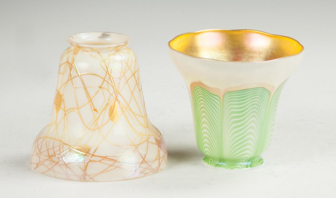 Two Steuben Art Glass Shades: Two Steuben Art Glass Shades. Early 20th cent. Both sgn. Leaf & vine, very good. Pulled feather, minor nick to inside of fitter rim. Ht. 4 1/2" Fitter Rim 2 1/4"