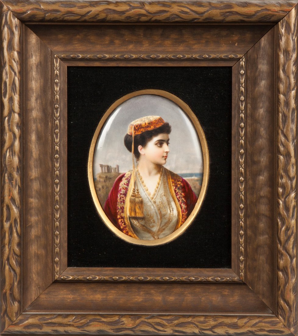 KPM Plaque of a Middle Eastern Woman: KPM Plaque of a Middle Eastern Woman. 19th cent. KPM mark. Gilt wood frame. 7" x 5" A Syracuse, NY Collection.