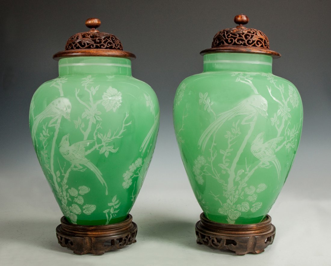 Pair of Steuben Jade Cut to Alabaster Lamps with Birds: Pair of Steuben Jade Cut to Alabaster Lamps with Birds. Early 20th cent. Ht. 14" The Dr. Richard & Jill Pope Collection.