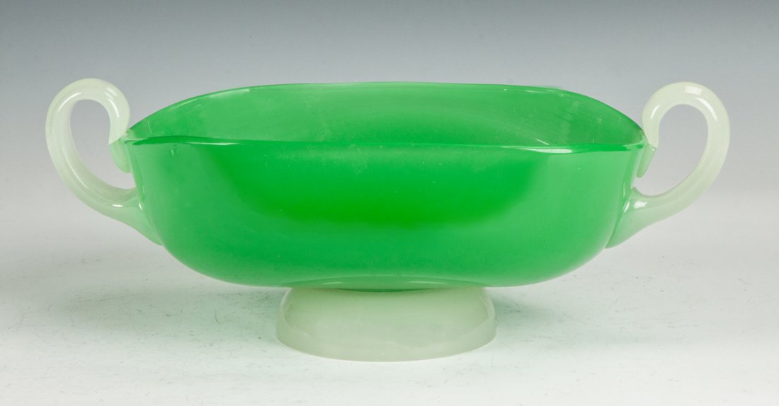 Steuben Green Jade & Alabaster Handled Compote: Steuben Green Jade & Alabaster Handled Compote. Early 20th cent. Unsigned. Ht. 6 1/2" W 16" The Dr. Richard & Jill Pope Collection.