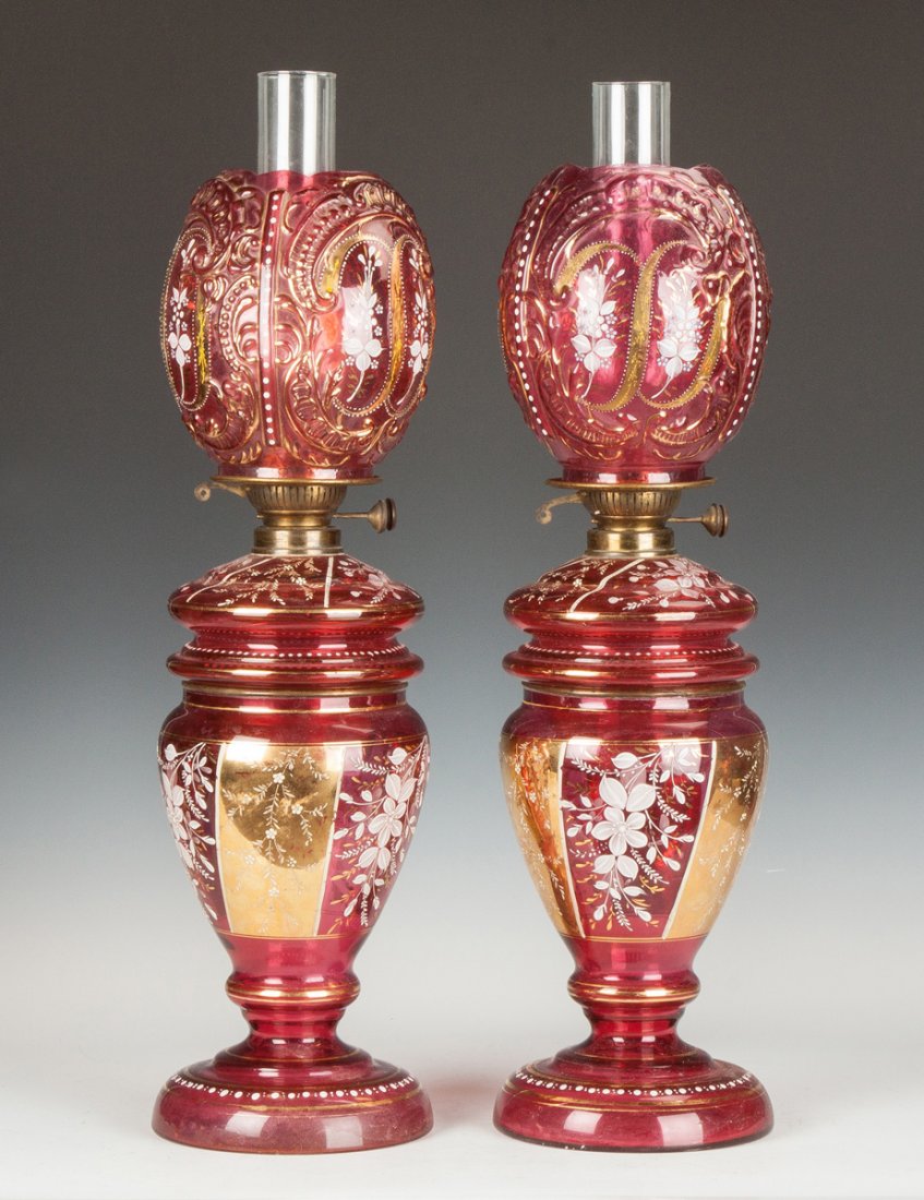 Pair of Victorian Cranberry Enameled & Gilded Oil Lamps