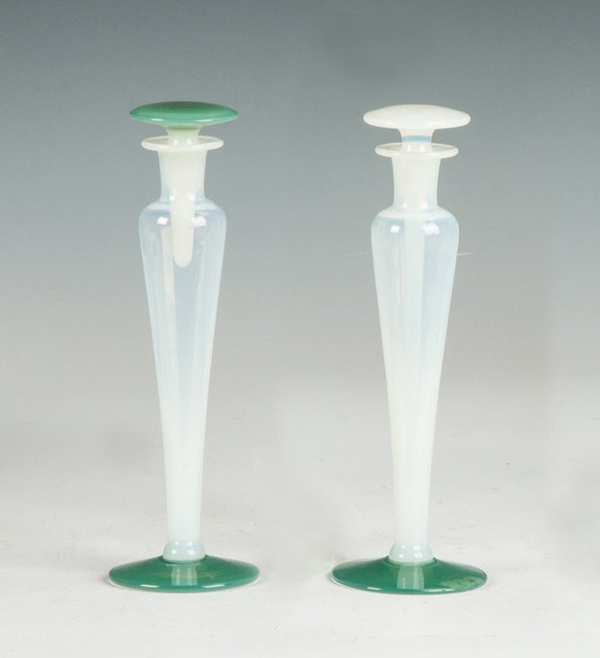 Two Fry Glass Cologne Bottles: Two Fry Glass Cologne Bottles. Early 20th cent. Max. Ht. 7 1/2" The Dr. Richard & Jill Pope Collection.