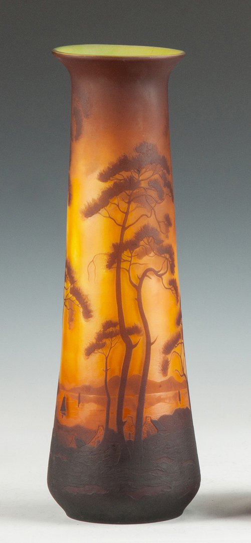 Muller Fres Cameo Vase with Lake Scene & Trees: Muller Fres Cameo Vase with Lake Scene & Trees. Early 20th cent. Sgn. Muller Fres, Luneville. Ht. 16" The Dr. Richard & Jill Pope Collection.