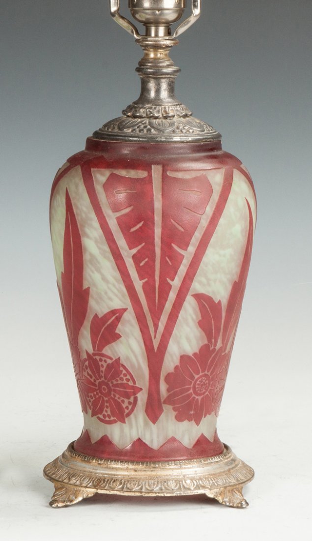 Steuben Gold Ruby over Green Cintra Cameo Acid Cut Back: Steuben Gold Ruby over Green Cintra Cameo Acid Cut Back Lamp Base . Early 20th cent. Mark for Steuben on bottom of vase. Brass mounts. Max. Ht. 15" The Dr. Richard & Jill Pope Collection.