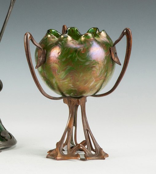 Loetz Art Nouveau Vase with Metal Mounts: Loetz Art Nouveau Vase with Metal Mounts. Ht. 9 1/2"