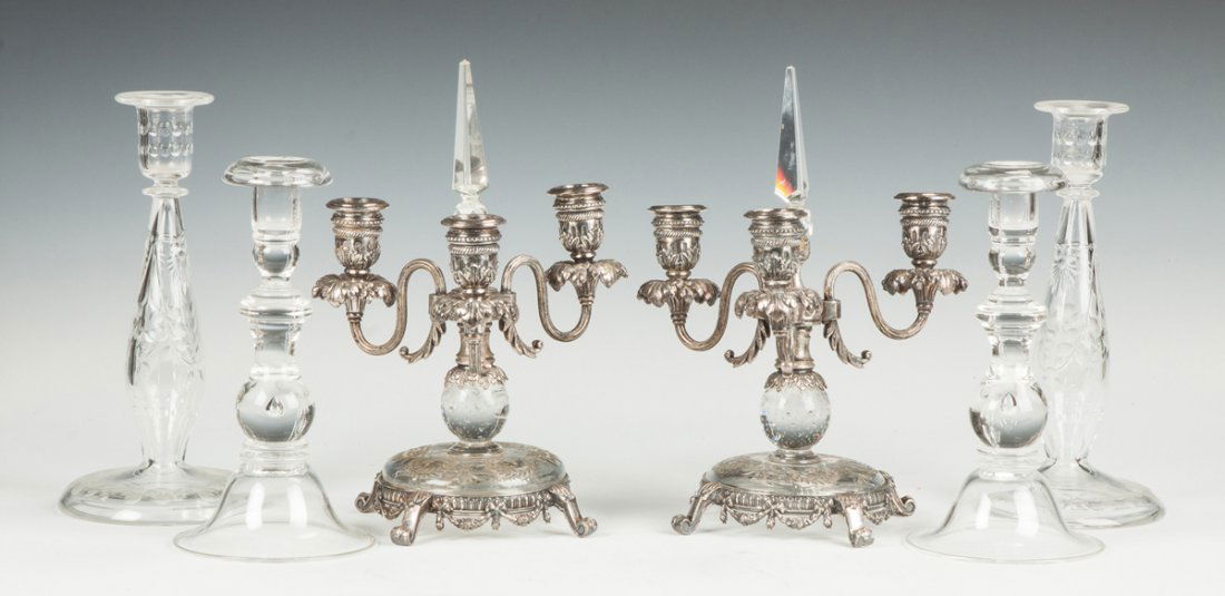 Three Pairs of Glass Candlesticks: Three Pairs of Glass Candlesticks. Pairpoint silver plate & glass 3-arm candelabras. Two pair of glass candlesticks, one pair engraved, one pair Steuben, both excellent. Max. Ht. 11" A Private Rochest