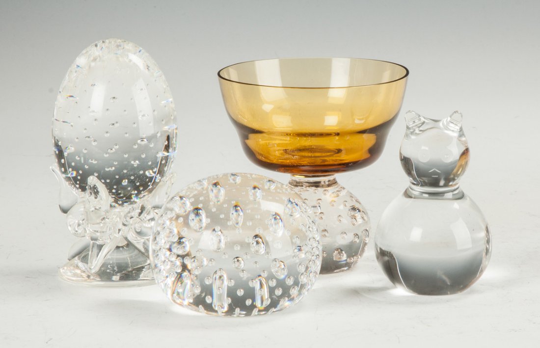 Steuben Paperweights, Glass Sherbet & Baccarat Cat: Steuben Paperweights, Glass Sherbet & Baccarat Cat. L to R: Steuben egg paperweight. Steuben controlled air bubble paperweight. Pairpoint (possibly) sherbet. Baccarat cat. Max. Ht. 4 1/2" A Private Ro