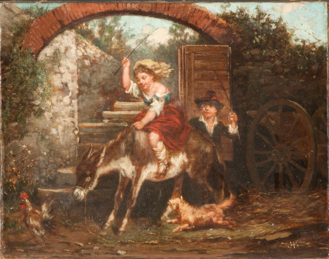 James Henry Beard (American, 1811-1893) Children riding: James Henry Beard (American, 1811-1893) Children riding mule. Initialed lower right, JHB & sgn. On reverse. Oil on canvas. 12 1/2" x 16"