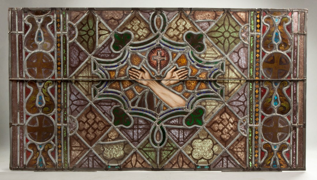 Leaded Glass Window Attr. to J.R. Lamb.: Leaded Glass Window Attr. to J.R. Lamb. . Ht. 26 1/2" W 48"