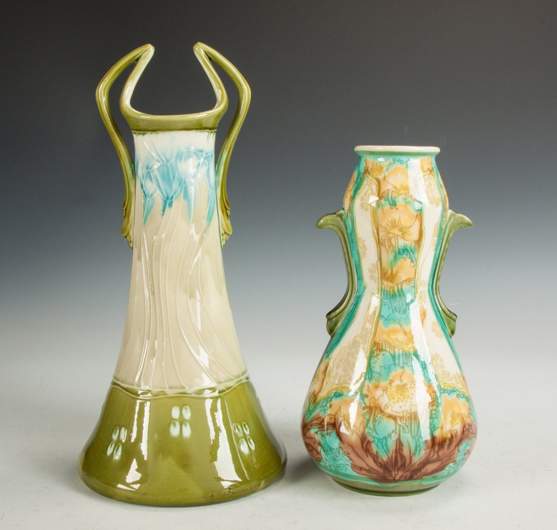 Two Minton Ceramic Vases: Two Minton Ceramic Vases. Late 19th/early 20th cent. L: Handled vase, geometricized floral motif. R: Art Nouveau gourd shaped with poppy design. Ht. 14 1/2"
