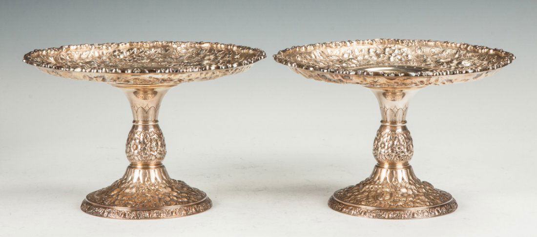 A Pair of Gorham Sterling Silver Tazzas: A Pair of Gorham Sterling Silver Tazzas. 19th cent. Fern & floral repousee work. 41 ozt. Ht. 6" Dia. 9" The Dr. Richard & Jill Pope Collection.