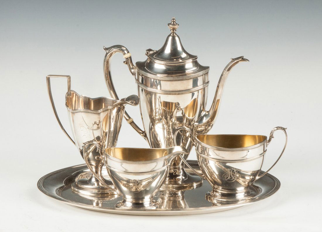 Gorham Sterling Silver 4 Piece Tea Set with Matching: Gorham Sterling Silver 4 Piece Tea Set with Matching Tray . Monogrammed. 44 ozt. Max. Ht. 9"