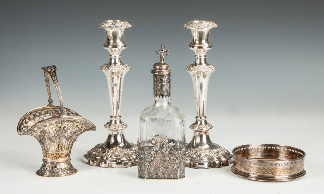 Group of Silver Plate & 800 Silver Table Articles: Group of Silver Plate & 800 Silver Table Articles. 19th cent. 800 silver basket, with glass insert, chipped. Silver plate candlesticks. 800 silver mounted decanter, engraved. Wine coaster. Max. Ht. 9"