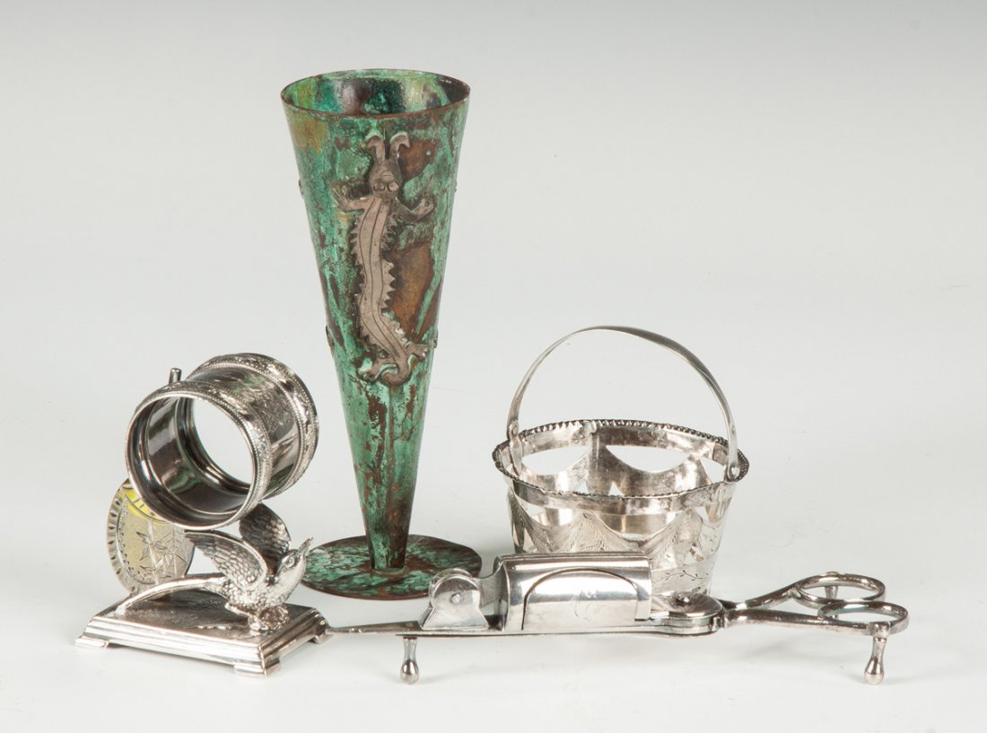 Group of Silver Plate & Copper Table Articles: Group of Silver Plate & Copper Table Articles. Silver plate napkin holder with bird & fan. Basket, makers mark illeg. Silver-plate snuffers. Copper vase with silver overlay. Max. Ht. 6 1/2"