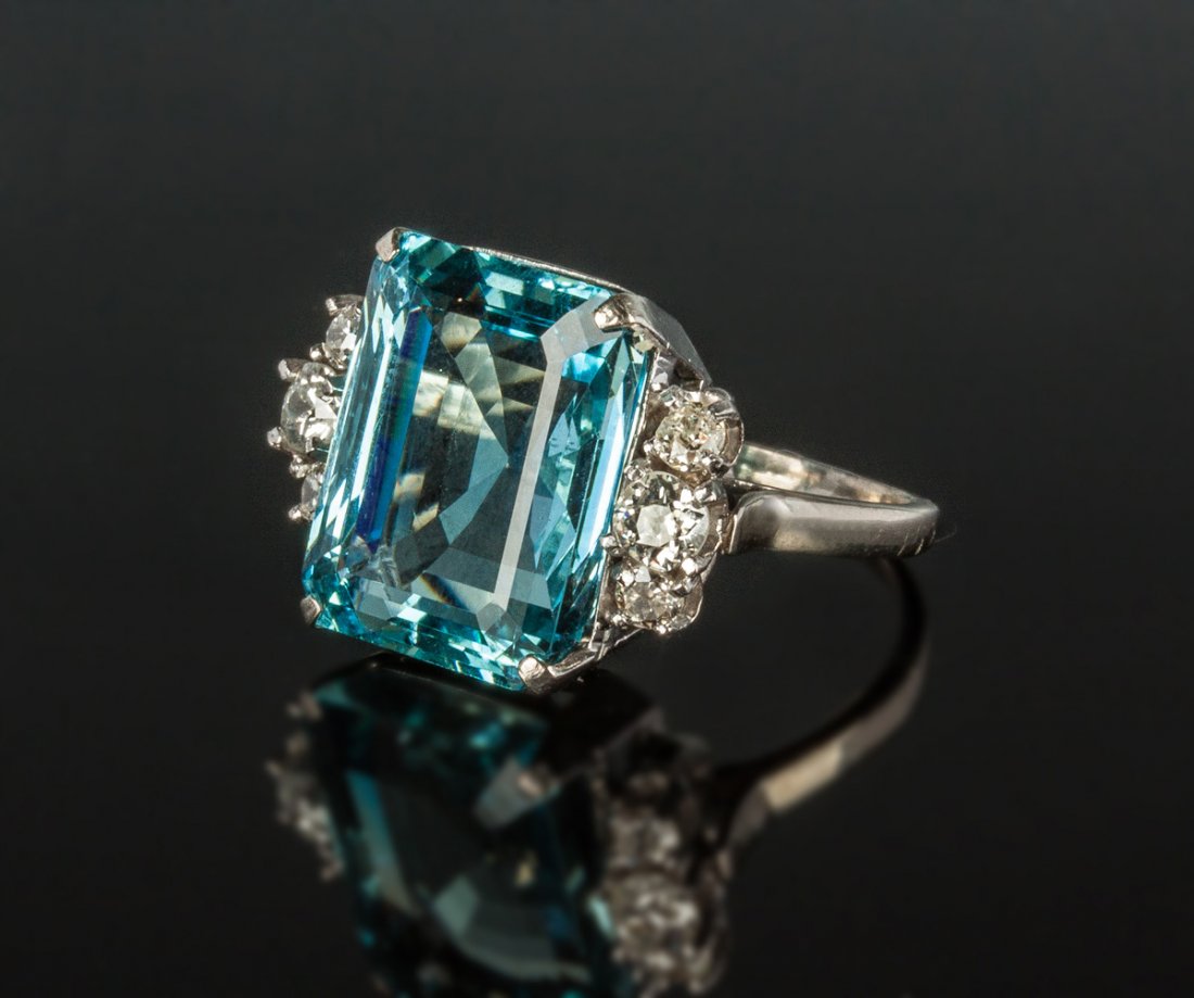 Aquamarine , Diamond & 14K White Gold Ring (1 of 2)